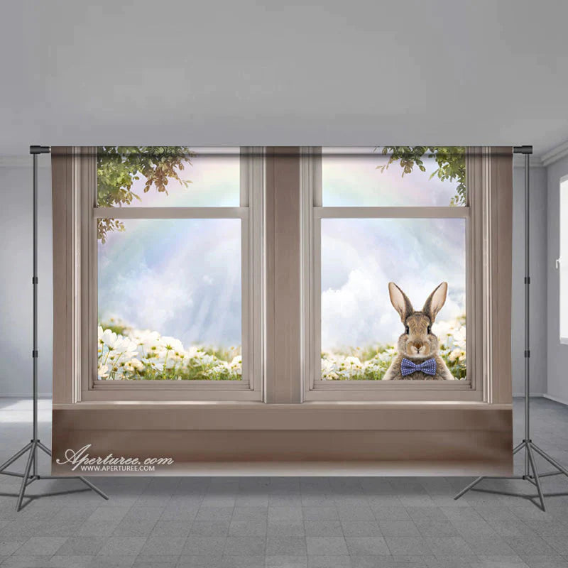 Aperturee - Kaninchen aus dem Fenster Blumen Regenbogen Ostertagsbanner