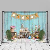 Aperturee - Kaninchen bunte Eier blaue hölzerne Wand Foto Hintergrund