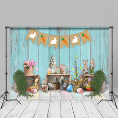 Aperturee - Kaninchen bunte Eier blaue hölzerne Wand Foto Hintergrund