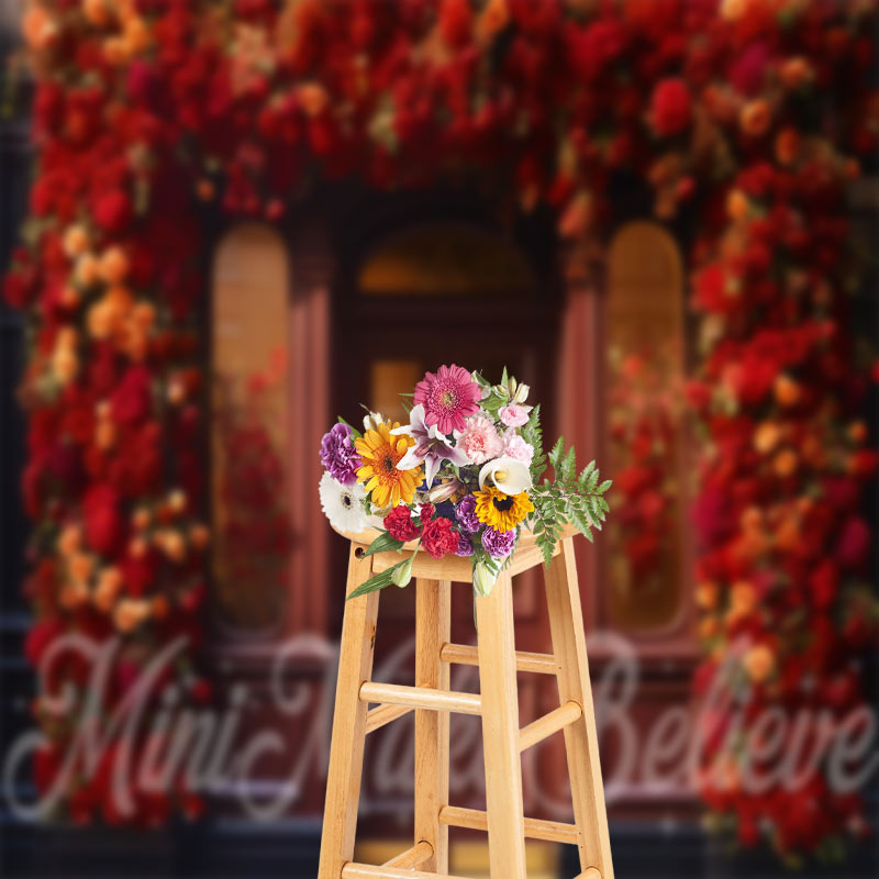 Aperturee - Retro Holztür bunte Rosen Blumenhintergrund