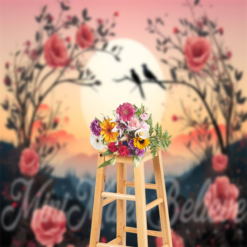 Aperturee - Roter Rosenbusch Vogel Sonnenuntergang Wald Kunst Hintergrund