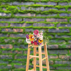 Aperturee - Ländliche grüne moosbewachsene Backsteinmauer als Fotoshooting Hintergrund