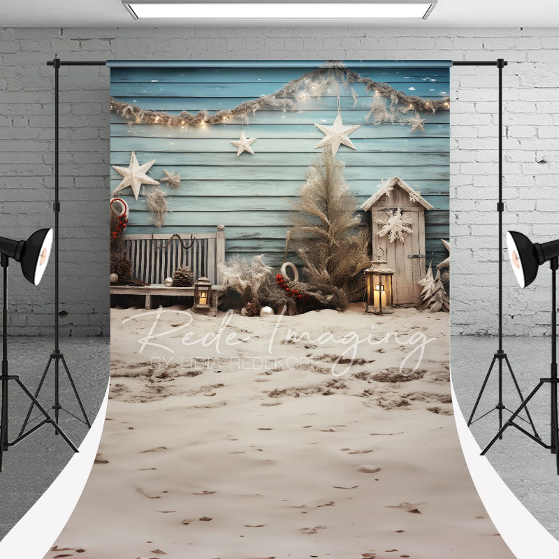 Aperturee - Sandbeach Blue Cottage Weihnachts Fotohintergrund