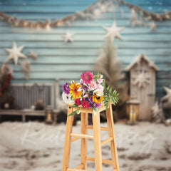 Aperturee - Sandbeach Blue Cottage Weihnachts Fotohintergrund