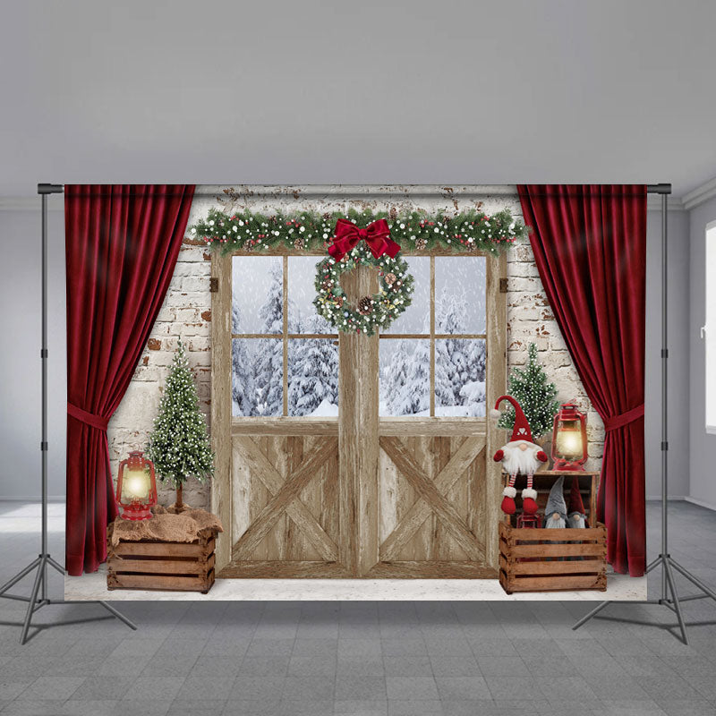 Aperturee - Snowin Out Holz roter Vorhang Ziegelstein Weihnachtshintergrund