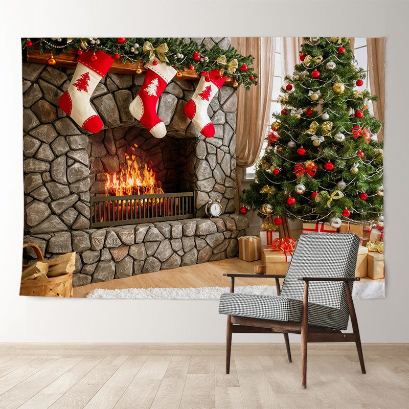 Aperturee - Roter Lagerkamin heller Raum Weihnachtskulisse