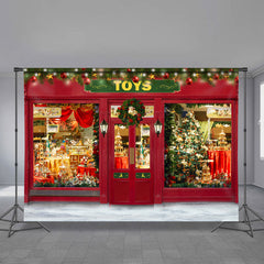 Aperturee - Spielzeugladen roter Türkranz heller Weihnachtshintergrund