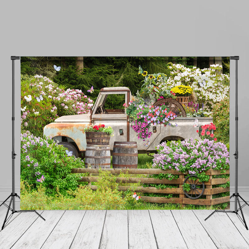 Aperturee - Alter LKW Blumengarten Frühlings Fotohintergrund