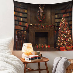 Aperturee - Vintage Bücherregal Hirschkranz Weihnachtskulisse