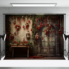 Aperturee - Vintage Tür rote Kugel Weihnachts Fotoshooting Hintergrund