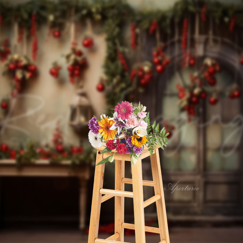 Aperturee - Vintage Tür rote Kugel Weihnachts Fotoshooting Hintergrund