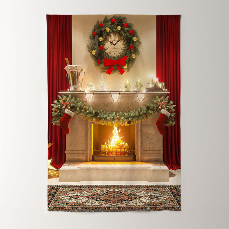 Aperturee - Vintage Kamin Vorhang mit roter Schleife Weihnachtskulisse