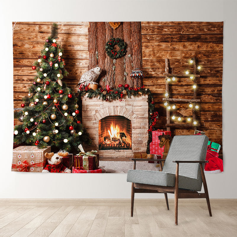 Aperturee - Vintage hölzerner Kamin Baum Weihnachtshintergrund