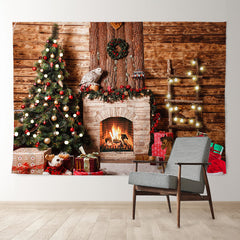 Aperturee - Vintage hölzerner Kamin Baum Weihnachtshintergrund