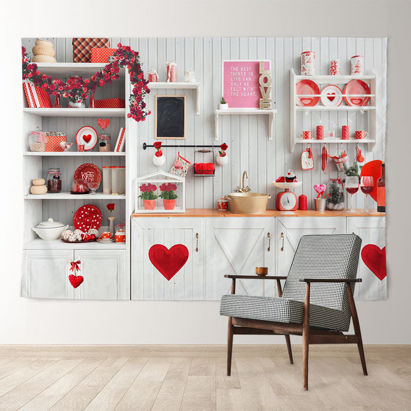 Aperturee - Weiße Küche rotes Herz Valentinstag Hintergrund