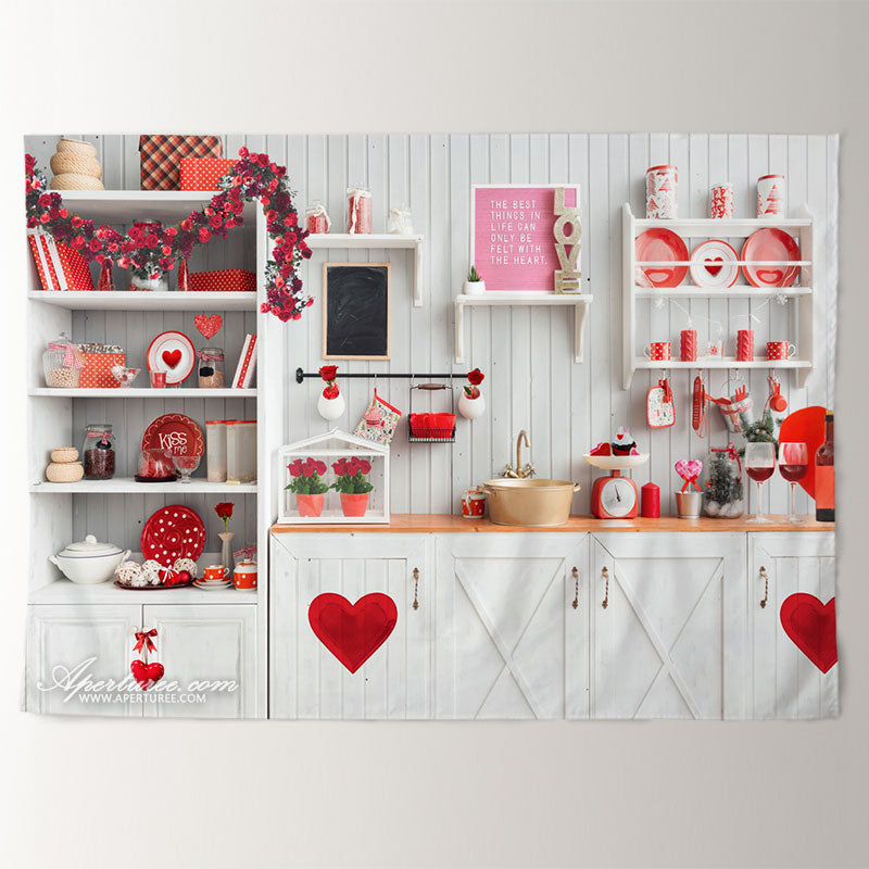 Aperturee - Weiße Küche rotes Herz Valentinstag Hintergrund