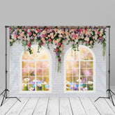 Aperturee - Weiße Wand rosa Blumen Frühlingshintergrund für Hochzeit