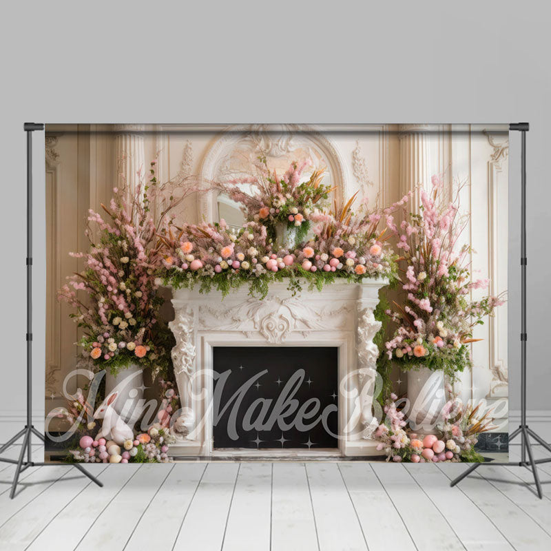 Aperturee - Weiße Wand und rosa Blumenkamin Osterkulisse