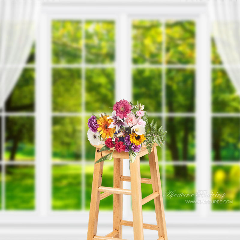 Aperturee - Weißer Fenstervorhang Wald Frühlingsstoff Hintergrund