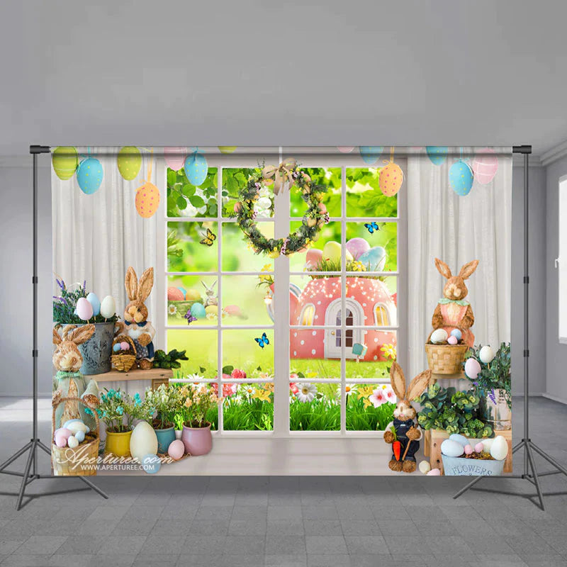 Aperturee - Weiße Fenster Teekanne Haseneier Osterhintergrund