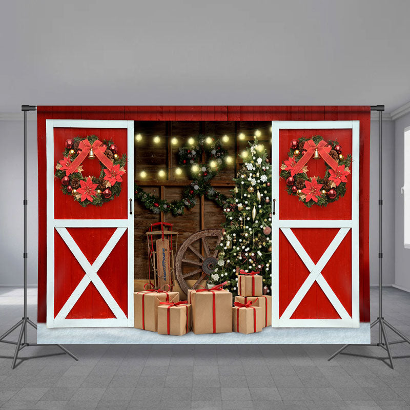 Aperturee - Roter hölzerner Türkranz Geschenk Licht Weihnachtshintergrund
