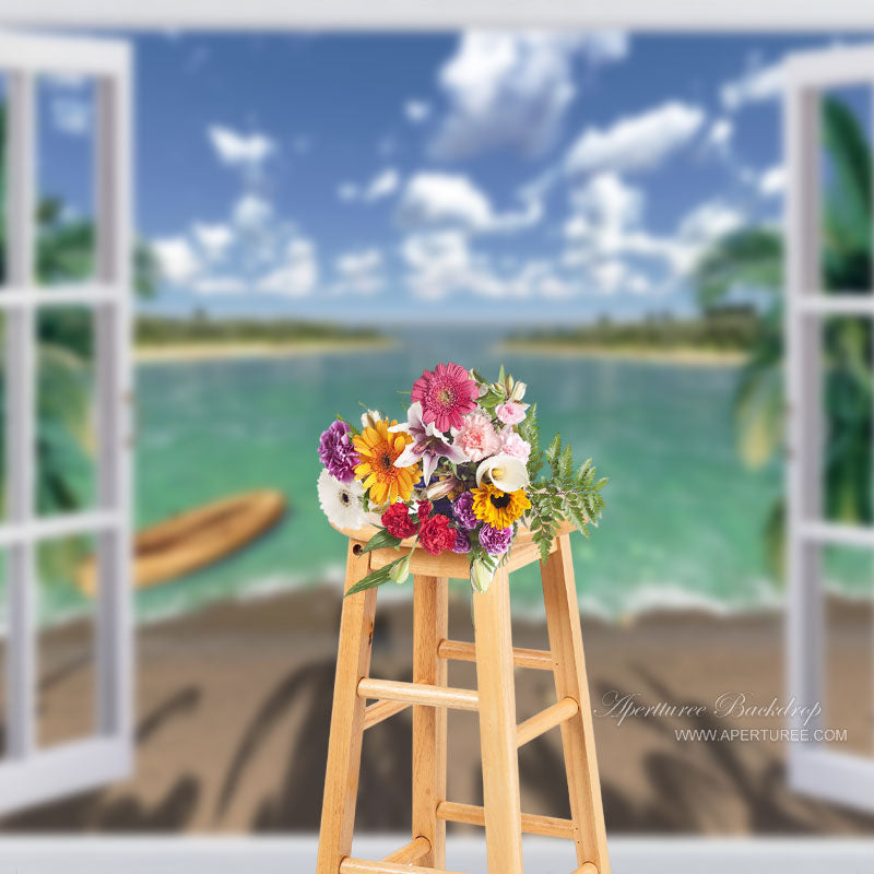 Aperturee - Sommerhintergrund aus Holzboot und Strandfenster für Fotos
