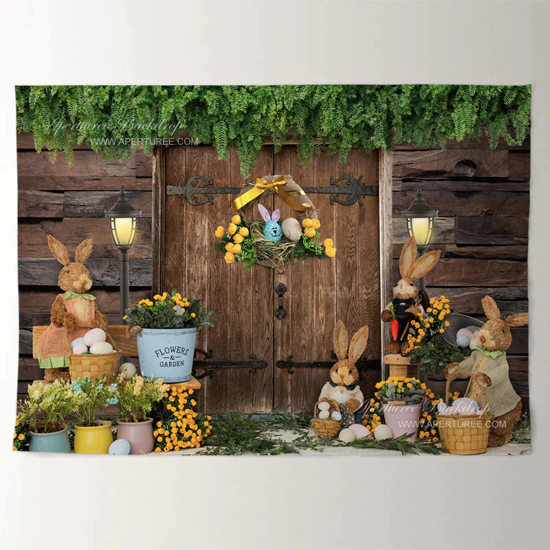 Aperturee - Hölzerner Haushase mit Blumenhintergrund für fröhliche Ostern