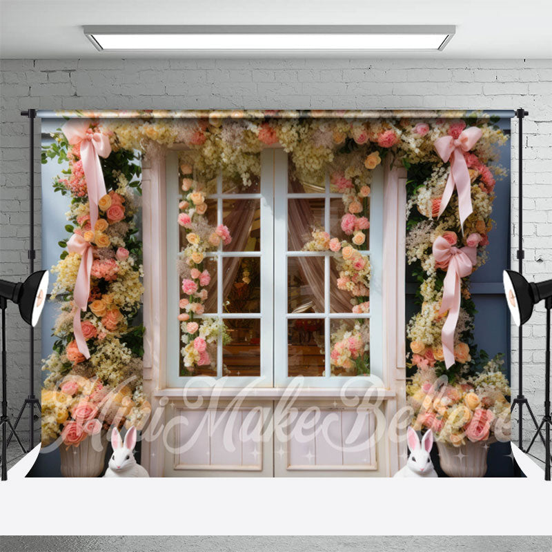 Aperturee - Gelbe Blume rosa Fliege Holztür Osterhintergrund