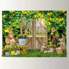 Aperturee - Gelbe Blumen Frühlings Hof Häschen Ostertag Hintergrund