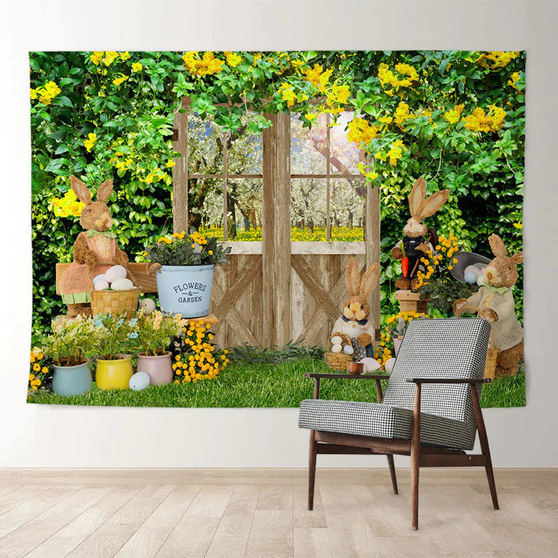 Aperturee - Gelbe Blumen Frühlings Hof Häschen Ostertag Hintergrund