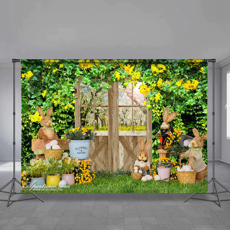 Aperturee - Gelbe Blumen Frühlings Hof Häschen Ostertag Hintergrund