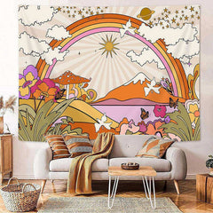 Retro Blumen Wolken Sonne Regenbogen Boho Tapisserie