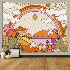 Retro Blumen Wolken Sonne Regenbogen Boho Tapisserie