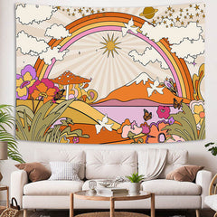 Retro Blumen Wolken Sonne Regenbogen Boho Tapisserie