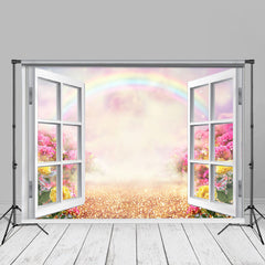 Aperturee - Fotohintergrund mit weißem Fenster und Blumen Regenbogen Frühling