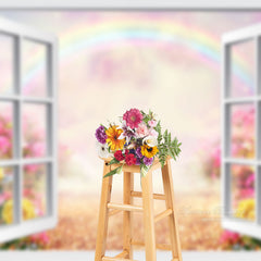 Aperturee - Fotohintergrund mit weißem Fenster und Blumen Regenbogen Frühling