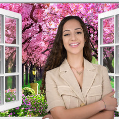 Aperturee - Bildhintergrund Weißes Fenster rosa Bäume Pfad Frühling