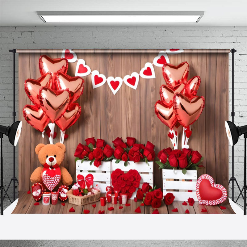 Aperturee - Holz Teddybär Rosenballon Valentinstag Hintergrund