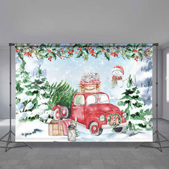 Aperturee - Geschenk roter LKW Schneemann Baum Weihnachtshintergrund