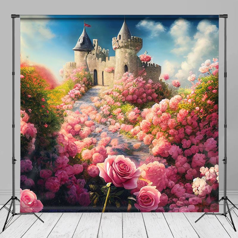 Aperturee – Mittelalterlicher Schloss Rosa Rosen Quadrat Hintergrund für Fotos