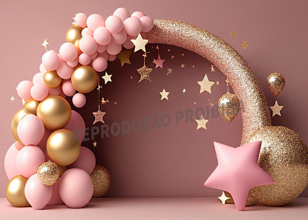 Aperturee – Fotohintergrund mit rosa Ballons und goldenen glitzernden Sternen