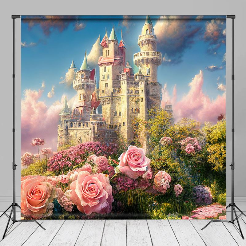 Aperturee – Pink Floral Fantasy Fairy Tale Castle Phtot Hintergrund