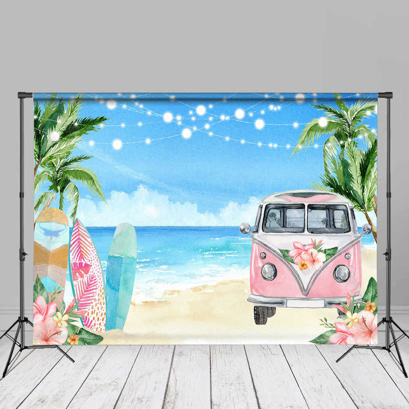 Aperturee - rosafarbener Bus Surfbrett Hawaii Strand floraler Sommer Hintergrund