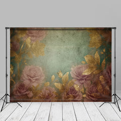 Aperturee - Retro Gold Floral Dusty Green Fine Art Fotohintergrund