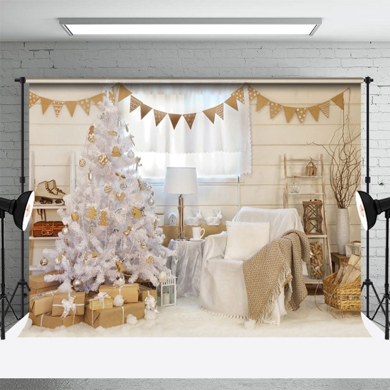 Aperturee - Verschneiter Weihnachtsbaum Sofa Vorhang beige Wandkulisse