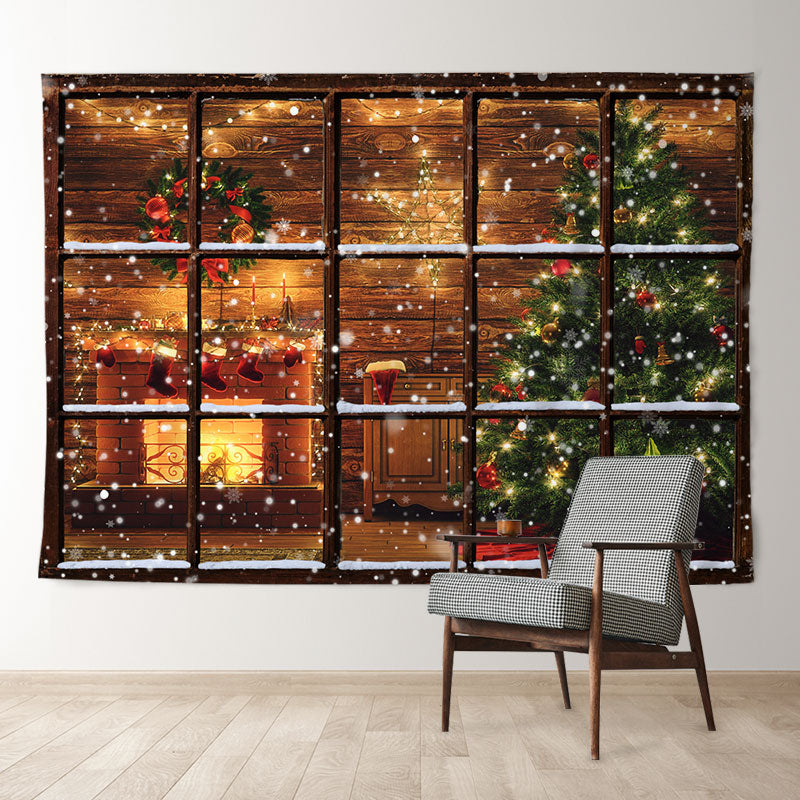 Aperturee - Verschneite Fenster Kamin Holz Weihnachtskulisse