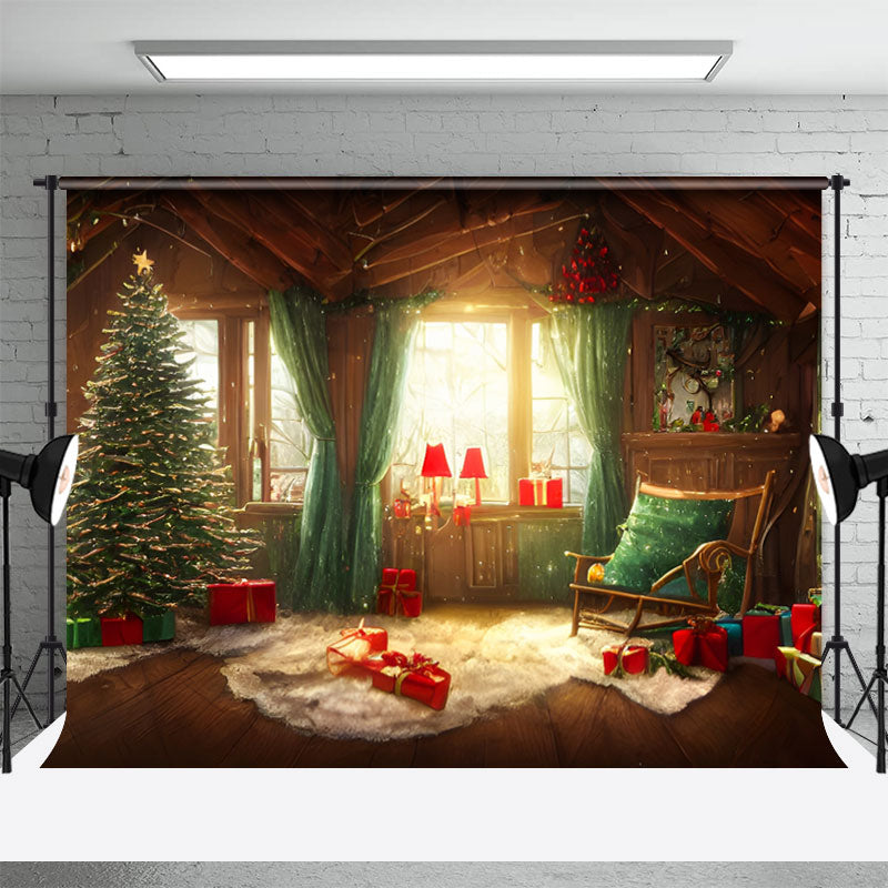 Aperturee - Sweet Cabin Red Gifts Fenster Weihnachtsbaum Hintergrund