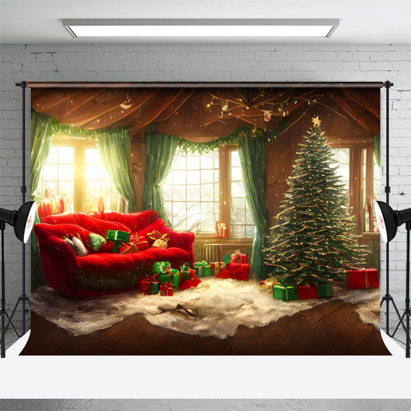 Aperturee - Hölzerner Raumboden Fenster rotes Sofa Weihnachtshintergrund